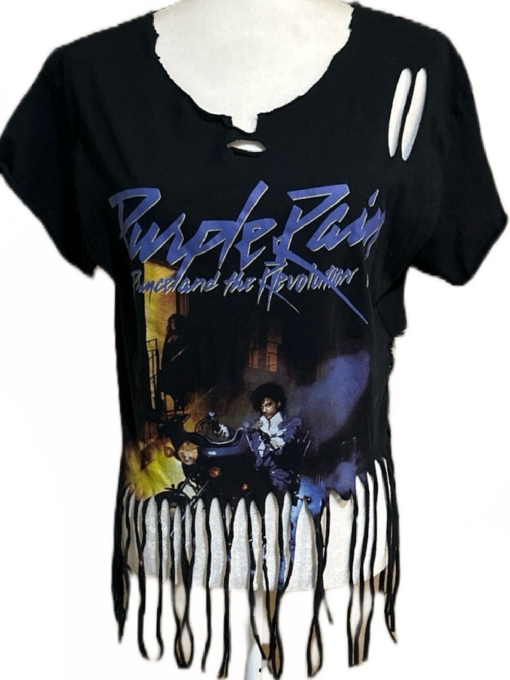 Prince Purple Rain Fringe Graphic Tee Black Crop Top M - Picture 3 of 8